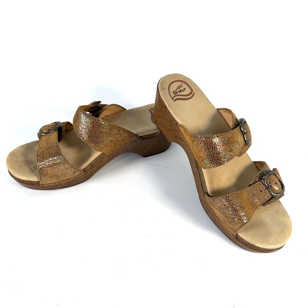 Dansko Double Buckle Wedge Sandals Metallic Leather Wood Clog EU 41 US 10.5-11